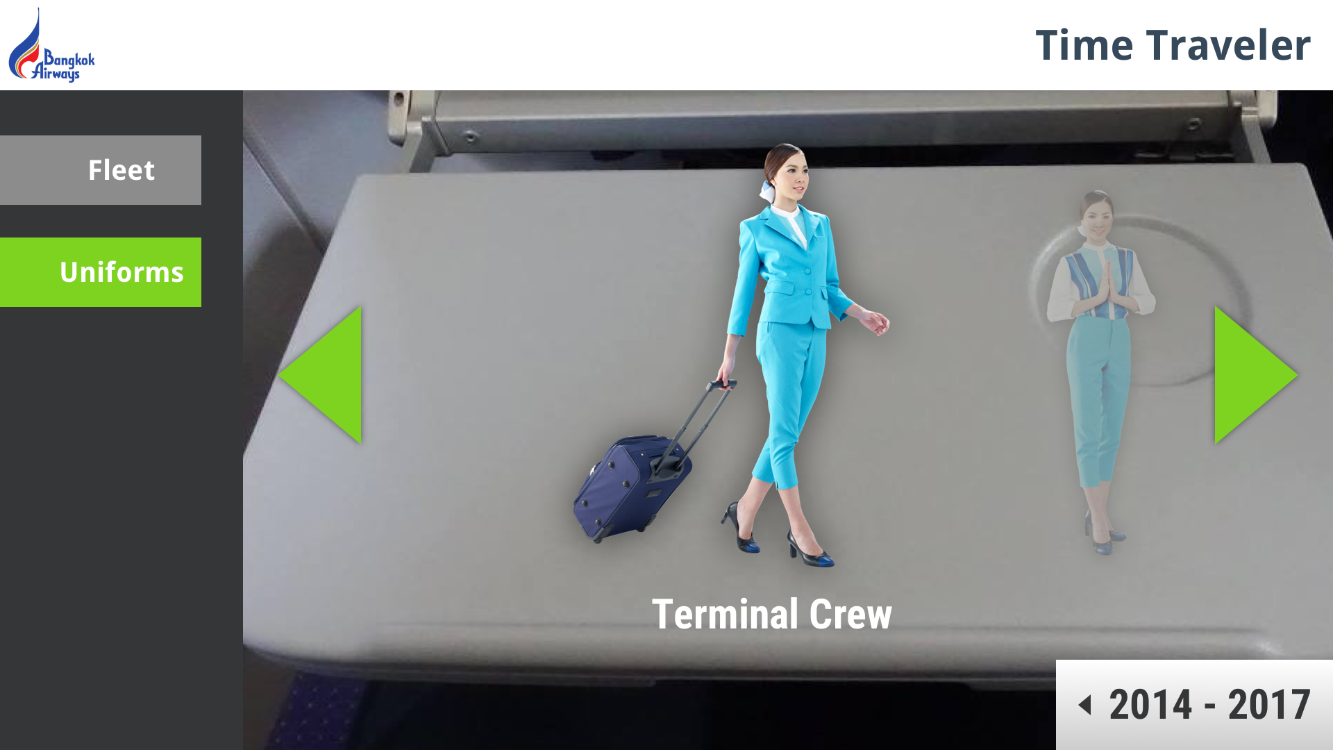 An image of a current Bangkok Airways crew uniform. The user can explore past uniforms as well.